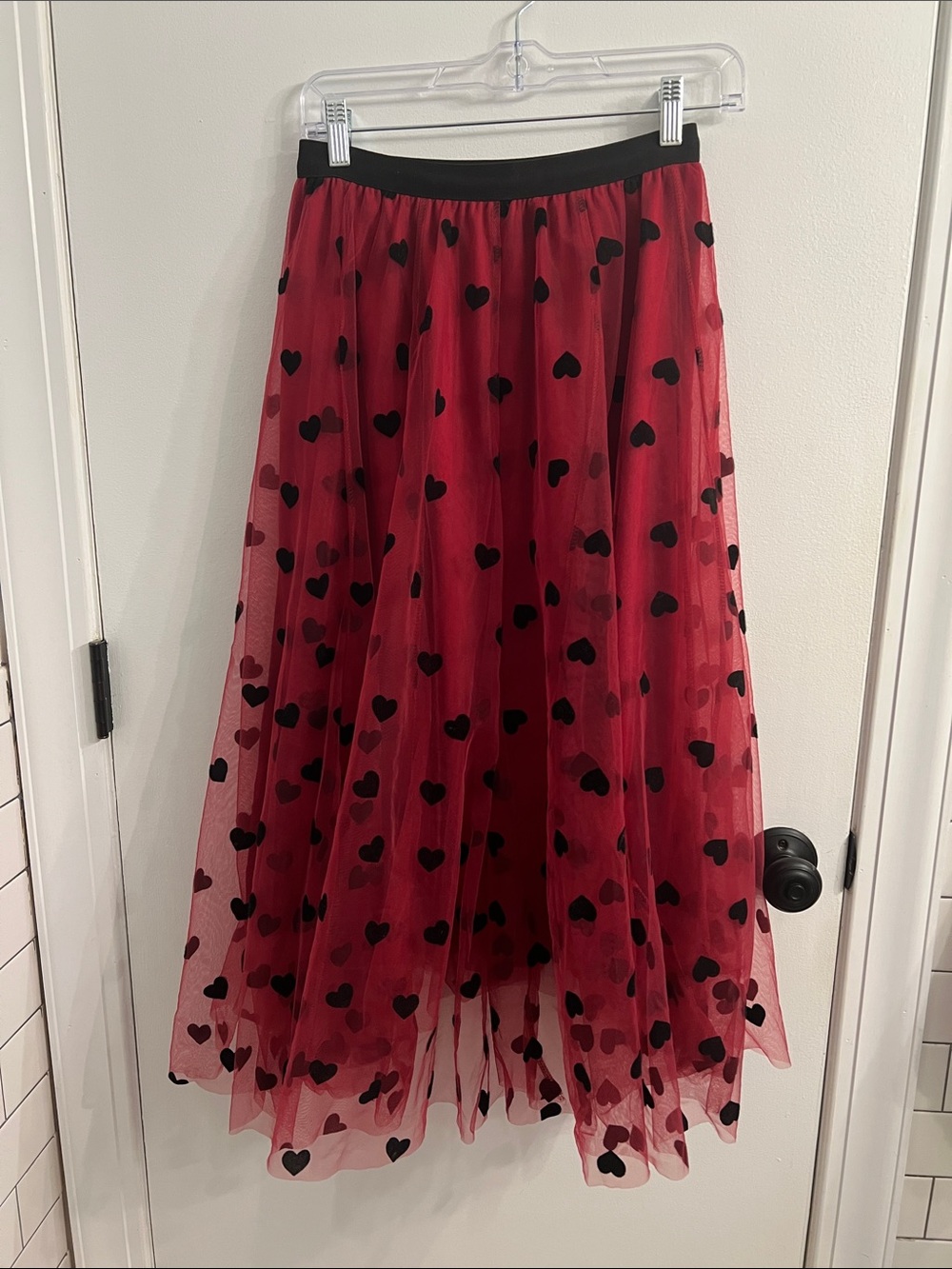 Red Heart-Print Maxi Tulle Skirt - Women's